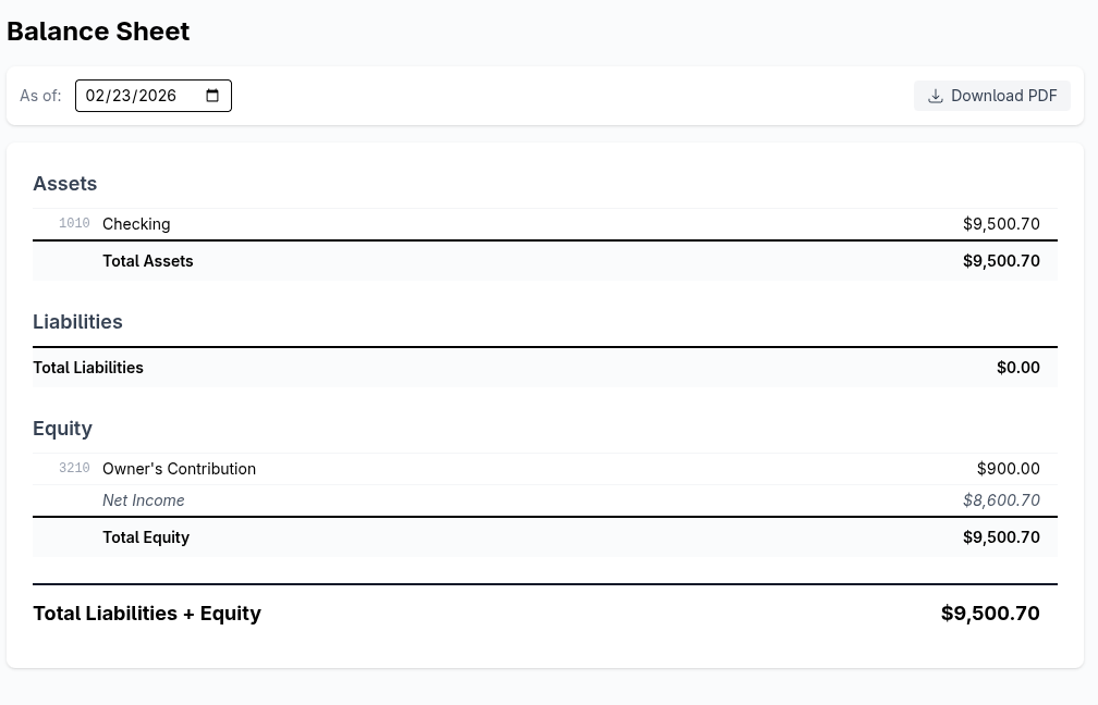 Balance Sheet showing assets, liabilities, and equity with PDF export