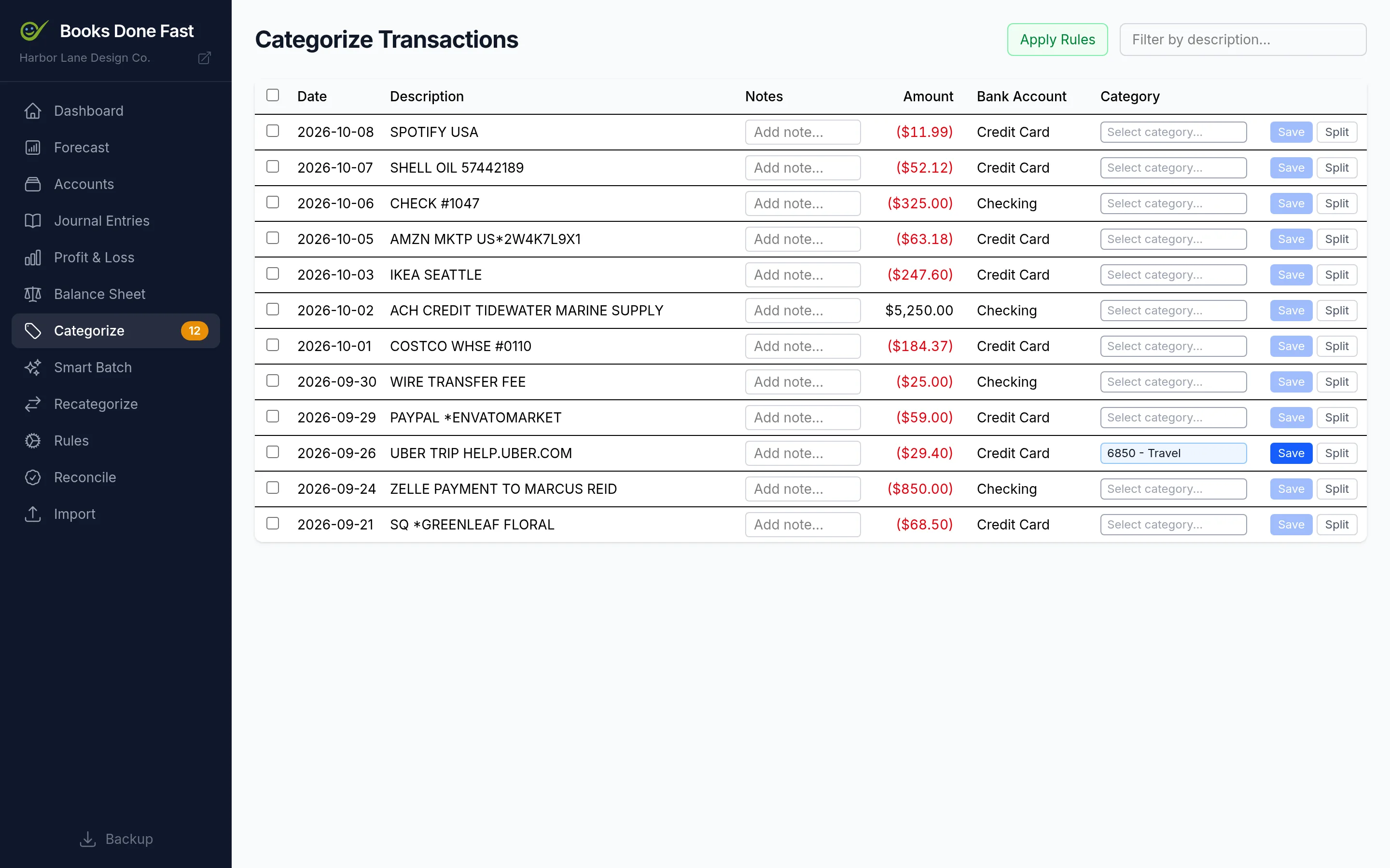 Categorize page listing imported transactions with suggested categories