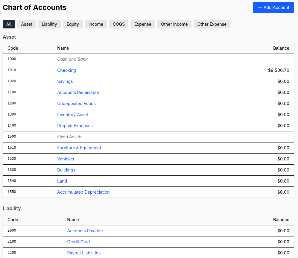 Chart of Accounts showing account codes, names, and balances organized by type