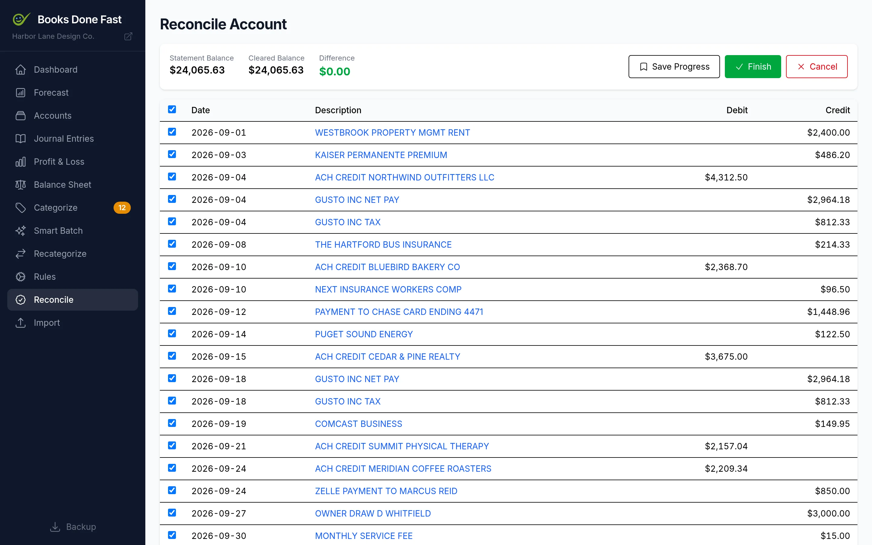 Reconciliation page matching cleared transactions against a bank statement